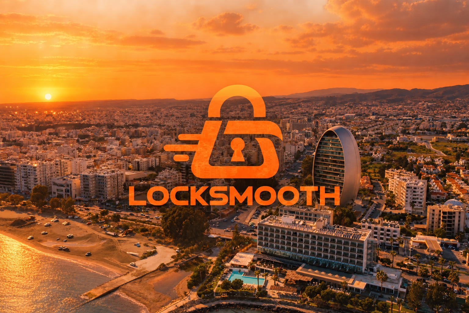 LockSmooth logo over a coastal city at sunset